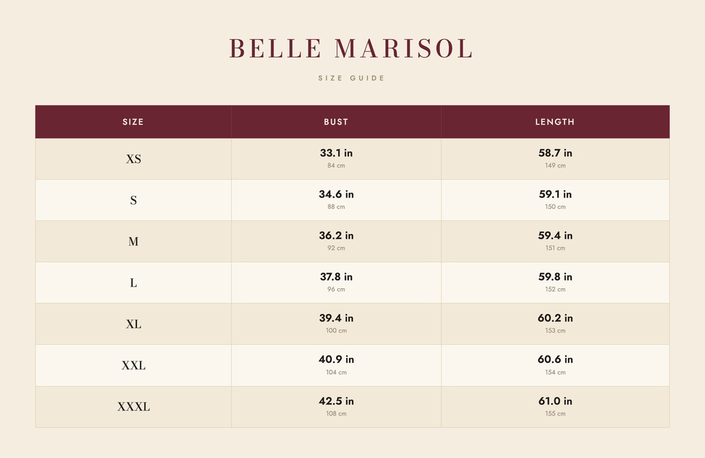Aria size guide – Belle Marisol