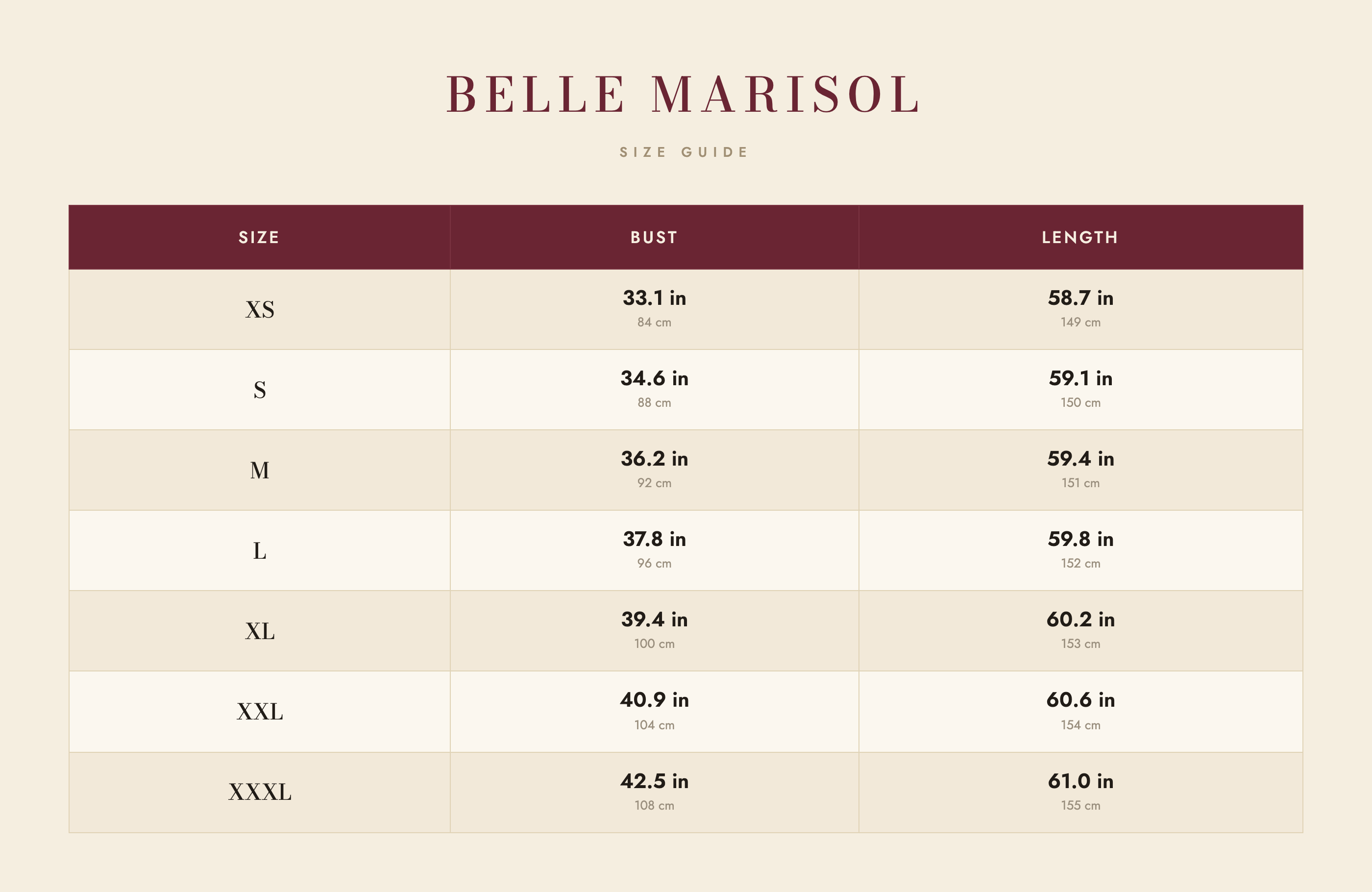 Aria size guide – Belle Marisol