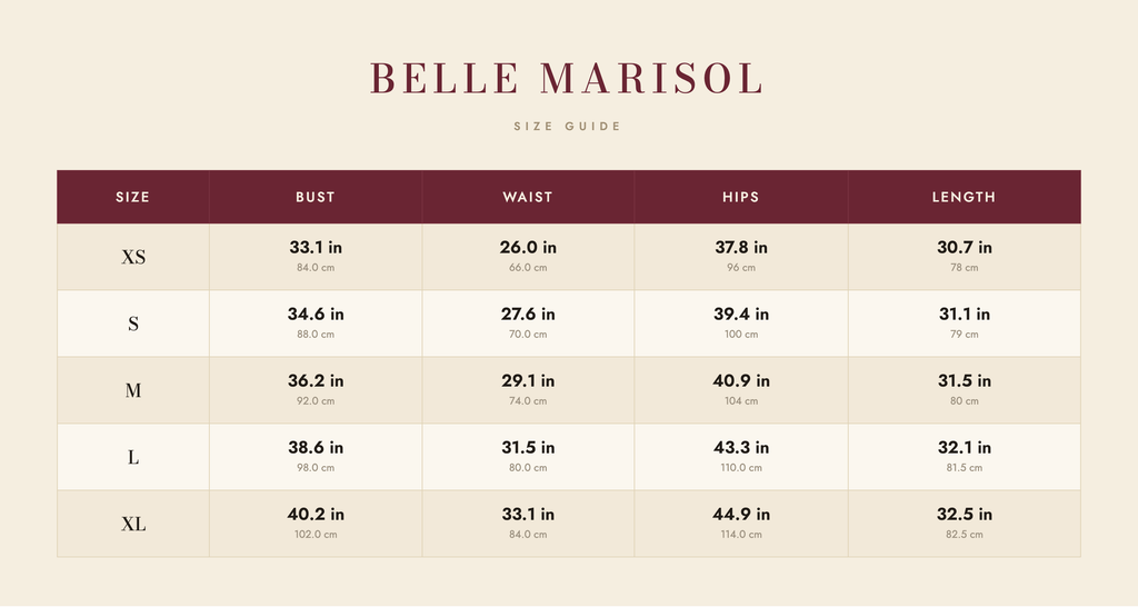Ava size guide – Belle Marisol
