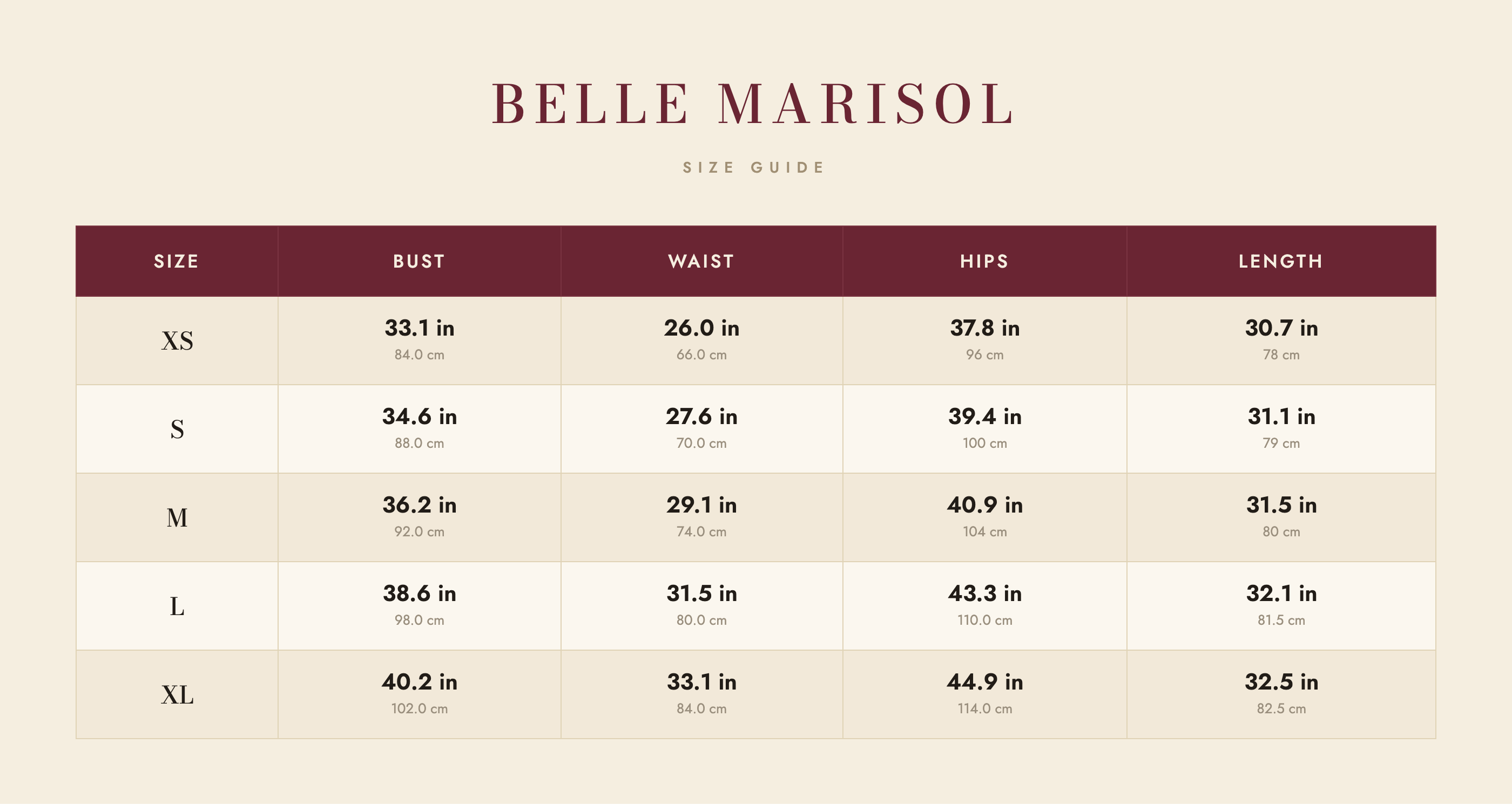 Ava size guide – Belle Marisol