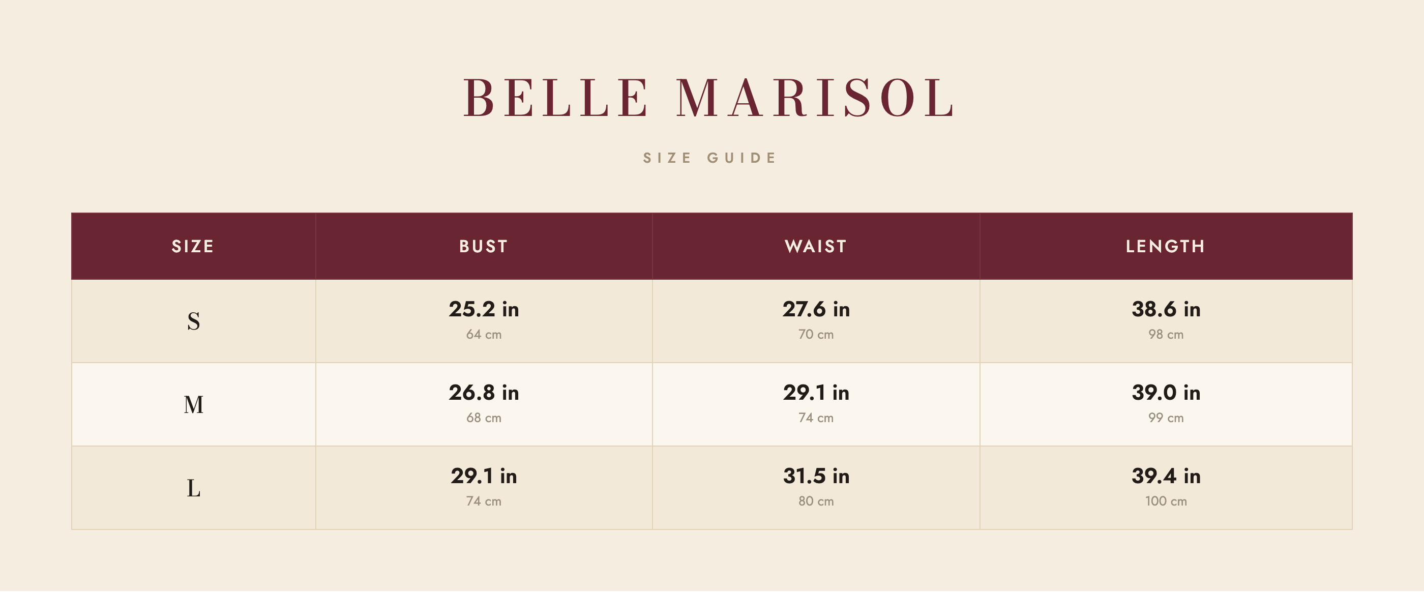 Bella size guide – Belle Marisol