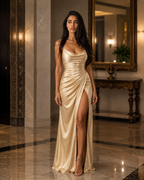 Iris | V-Neck Satin Slit Gown