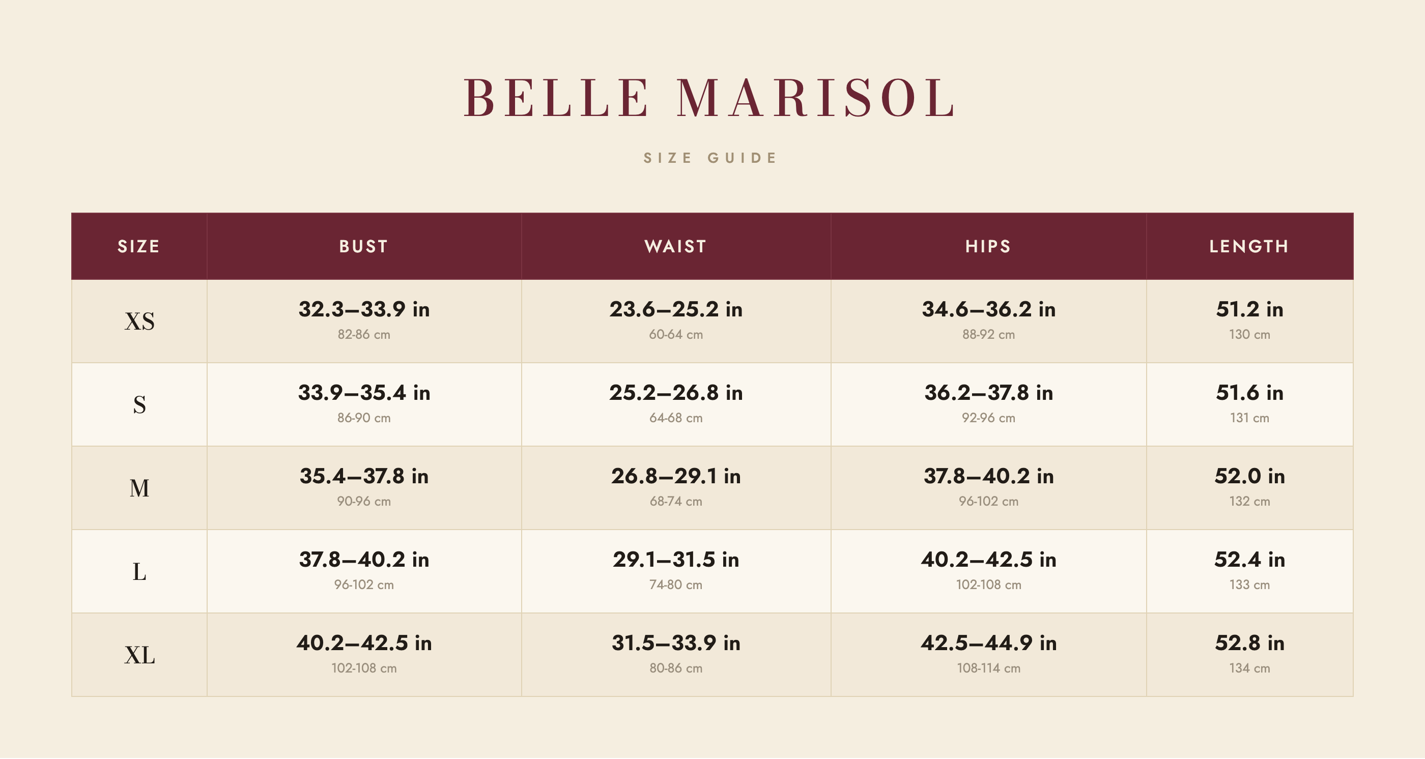 Cora size guide – Belle Marisol