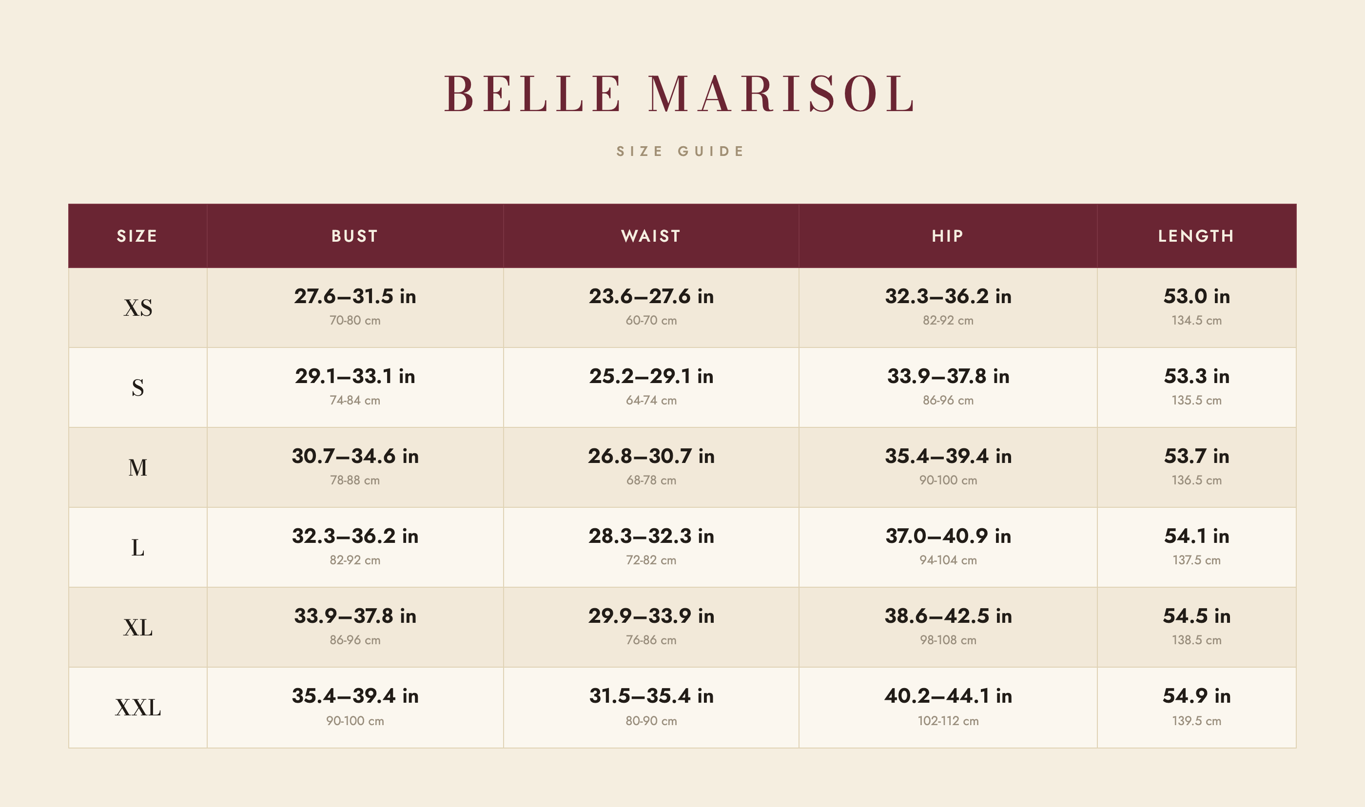 Daisy size guide – Belle Marisol