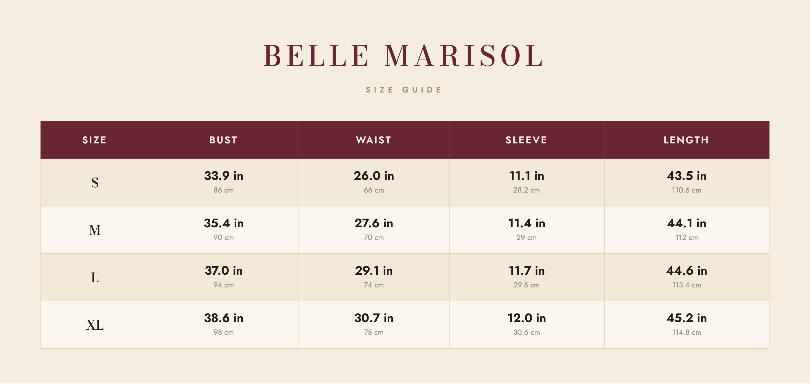 Faye size guide – Belle Marisol