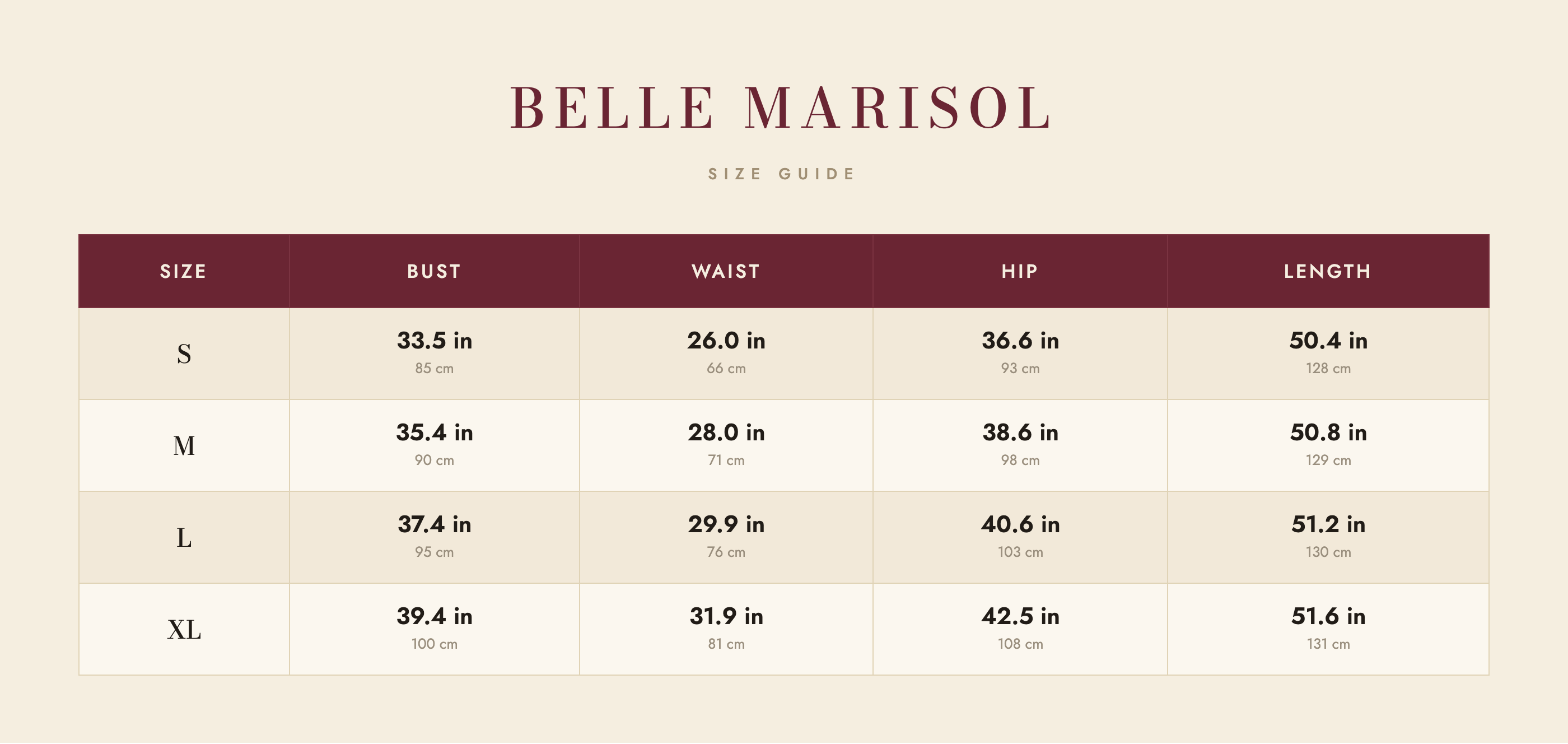 Harlow size guide – Belle Marisol