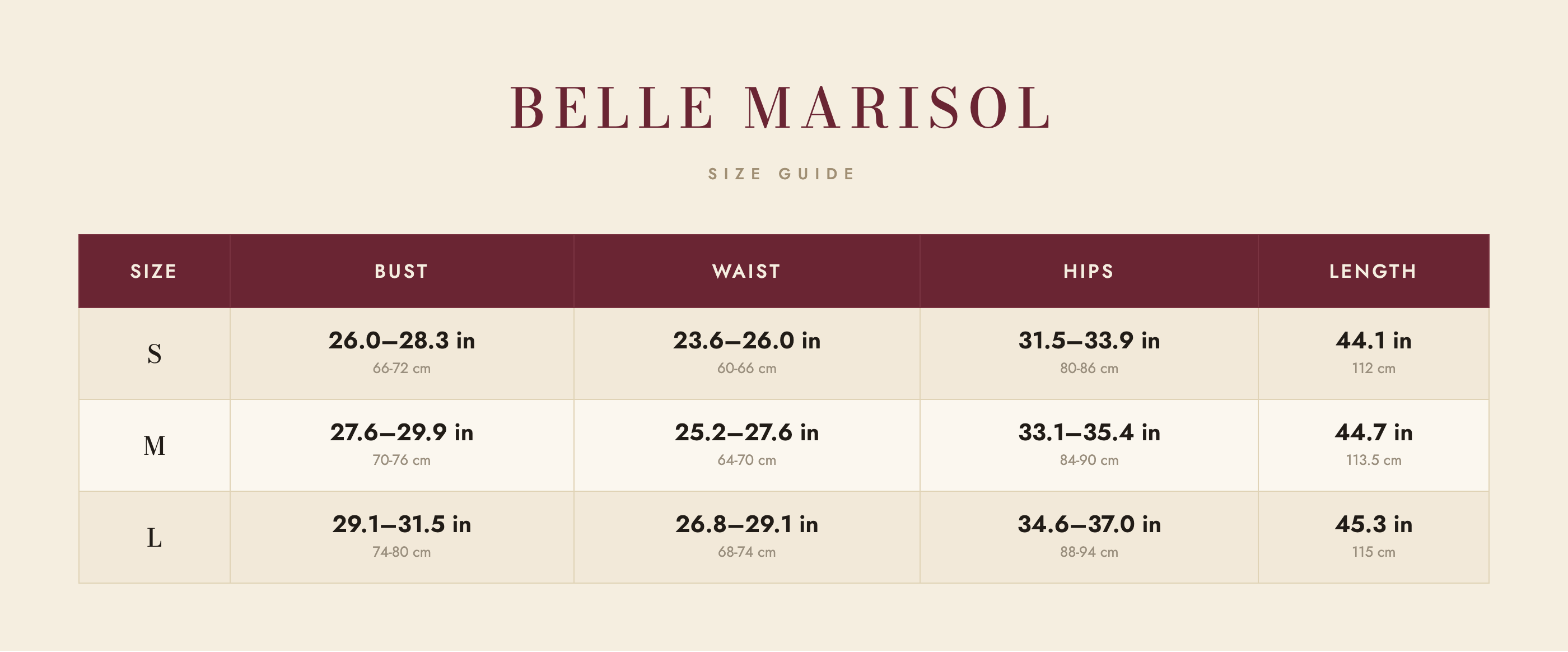 Ivy size guide – Belle Marisol