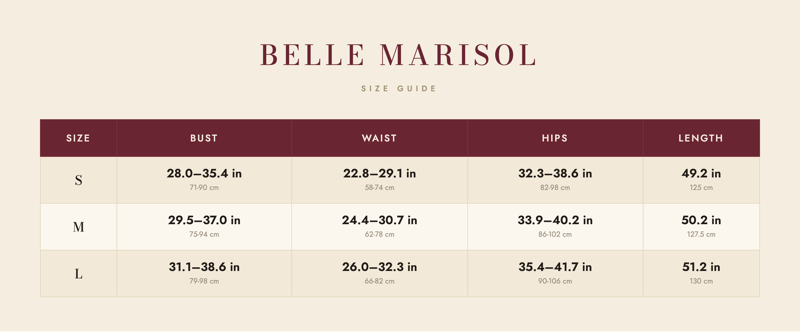 Jade size guide – Belle Marisol