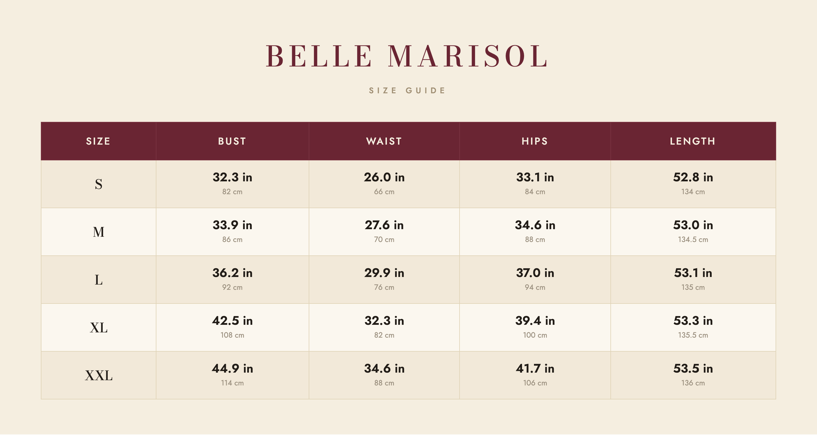 Lana size guide – Belle Marisol