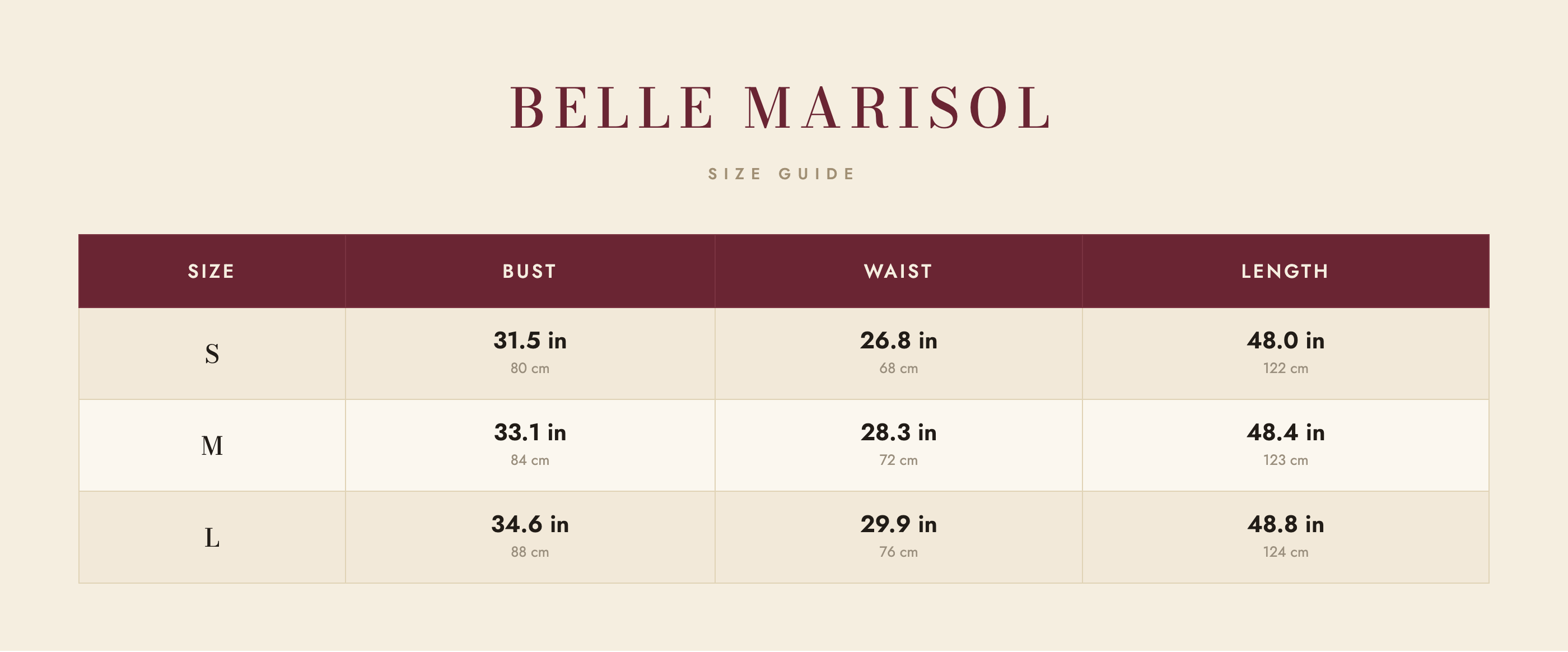 Mara size guide – Belle Marisol