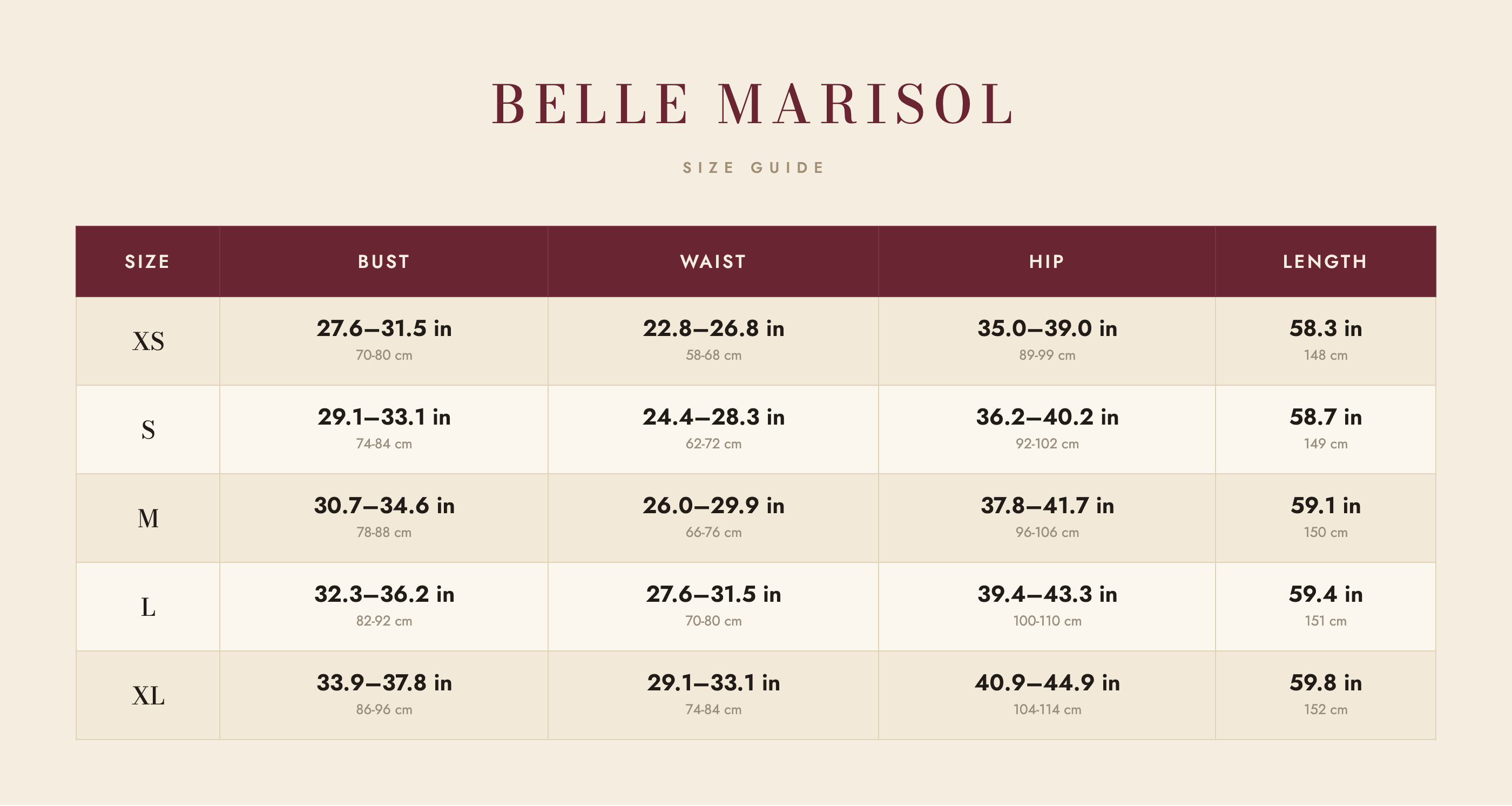 Marlowe size guide – Belle Marisol