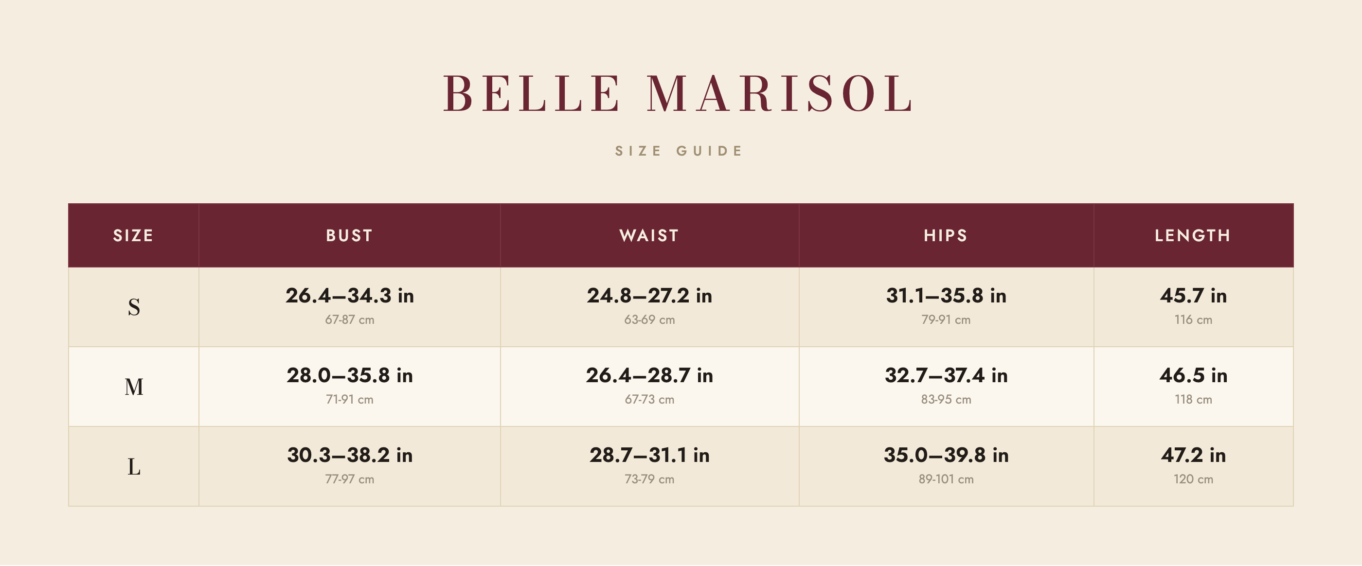 Naomi size guide – Belle Marisol