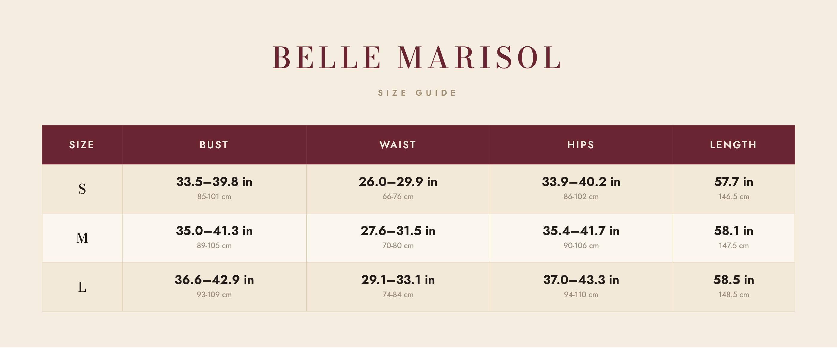 Reign size guide – Belle Marisol