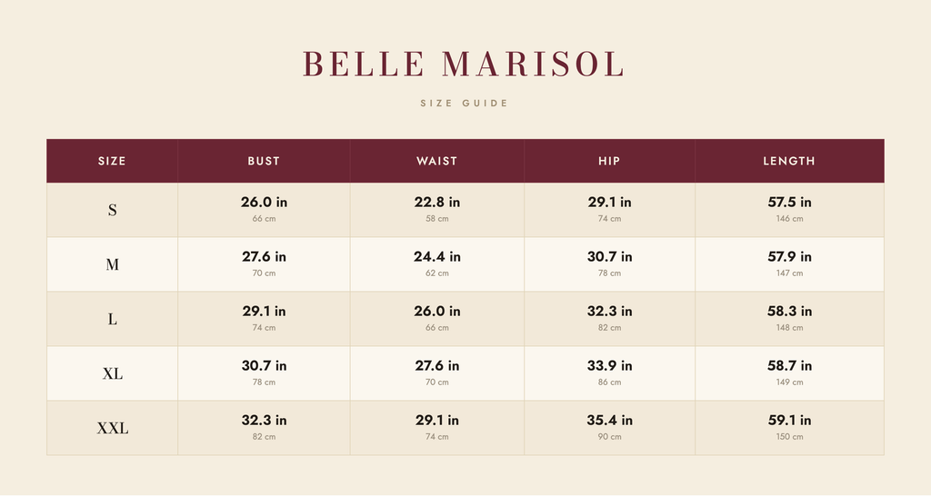 Sienna size guide – Belle Marisol