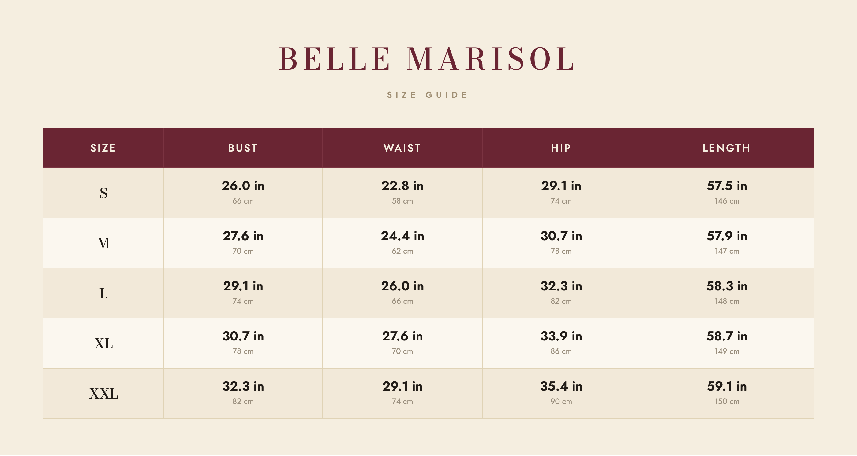Sienna size guide – Belle Marisol