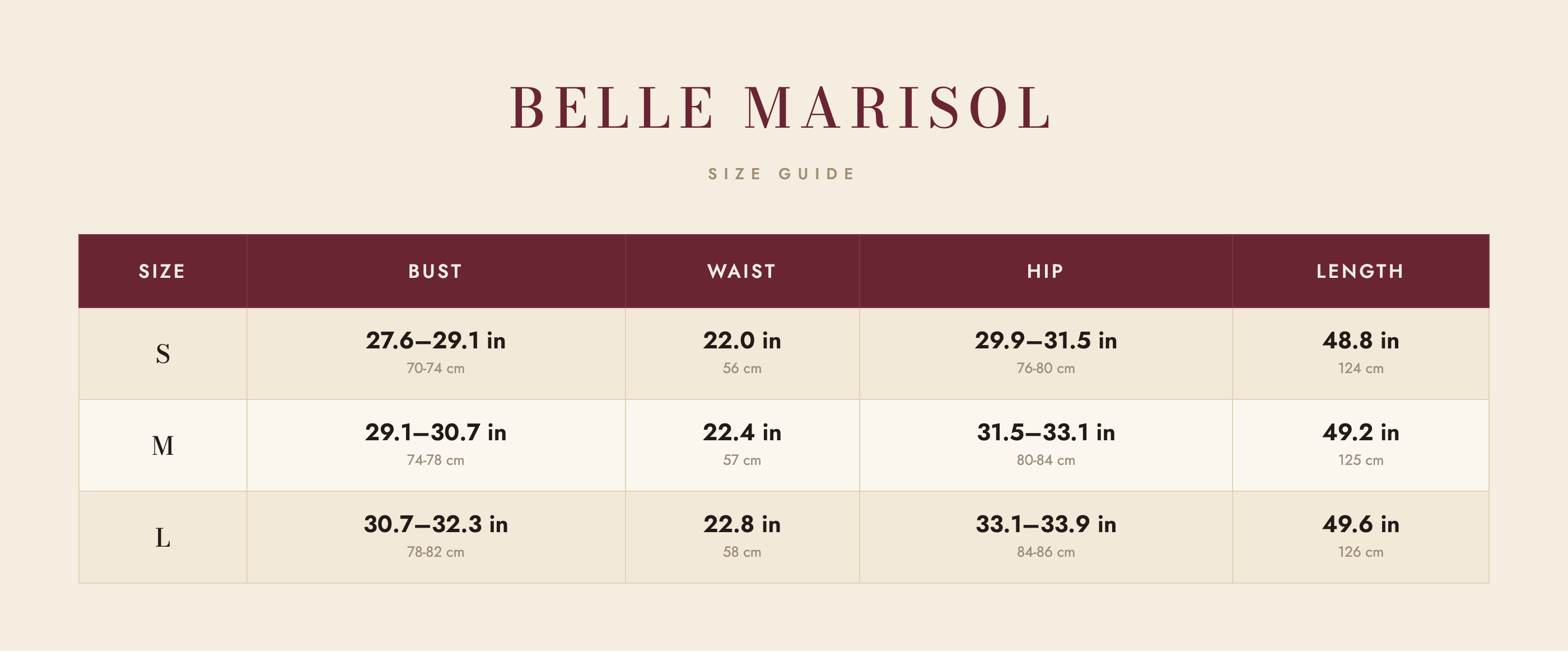Talia size guide – Belle Marisol