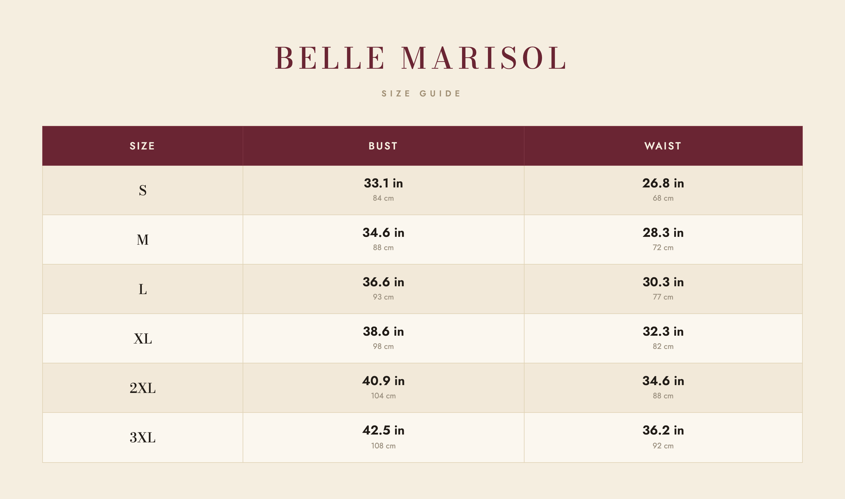Vera size guide – Belle Marisol