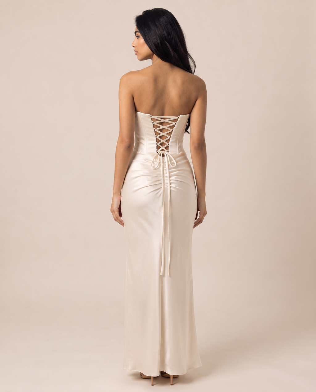 Valentina strapless corset-back satin gown in ivory, back view with corset lacing – Belle Marisol