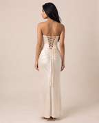 Valentina strapless corset-back satin gown in ivory, back view with corset lacing – Belle Marisol