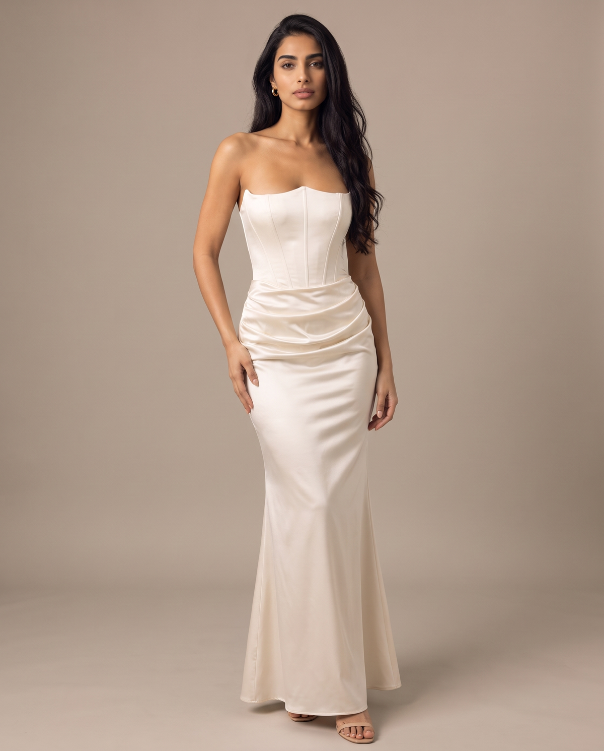 Valentina strapless corset-back satin gown in ivory, front view – Belle Marisol
