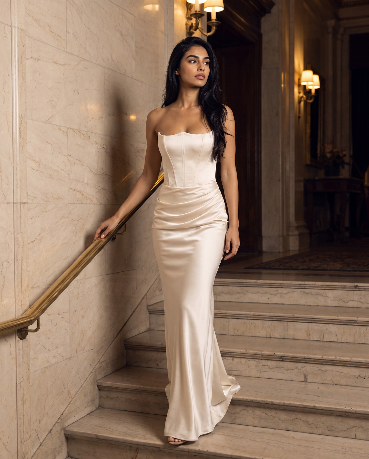 Valentina gown in ivory worn on a hotel staircase in the evening – Belle Marisol