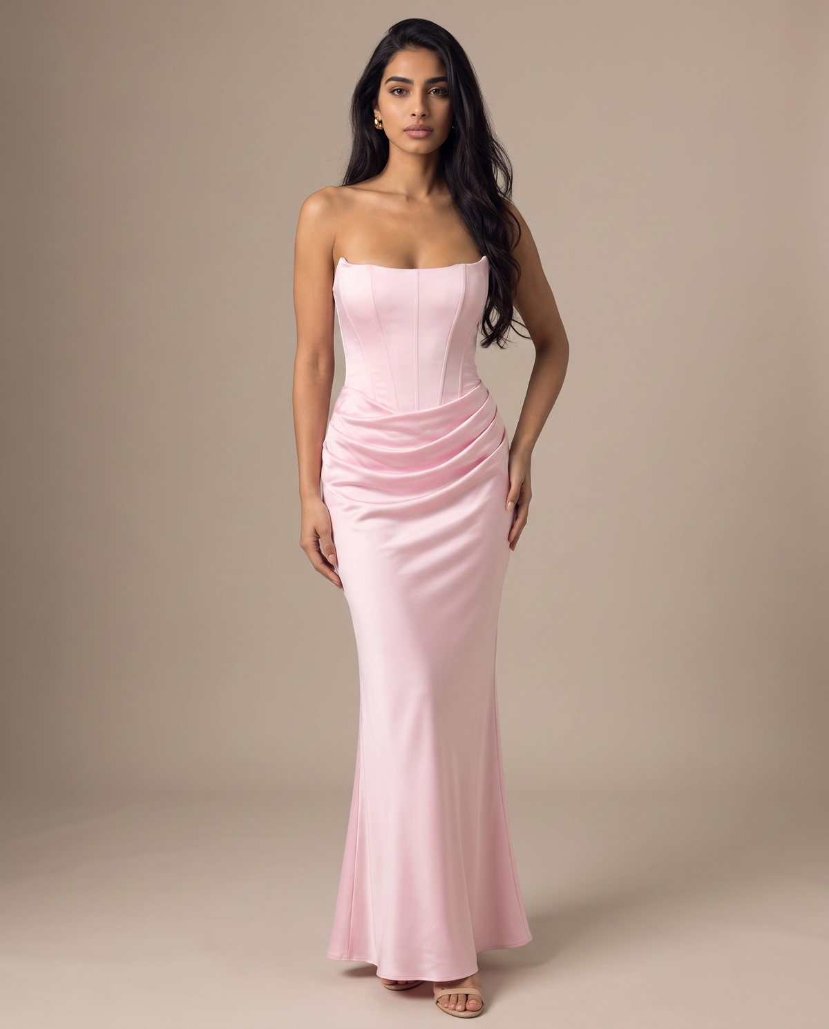 Valentina strapless corset-back satin gown in pink, front view – Belle Marisol