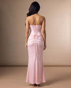 Valentina strapless corset-back satin gown in pink, back view with corset lacing – Belle Marisol