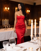 Valentina gown in red worn at a candlelit dinner – Belle Marisol