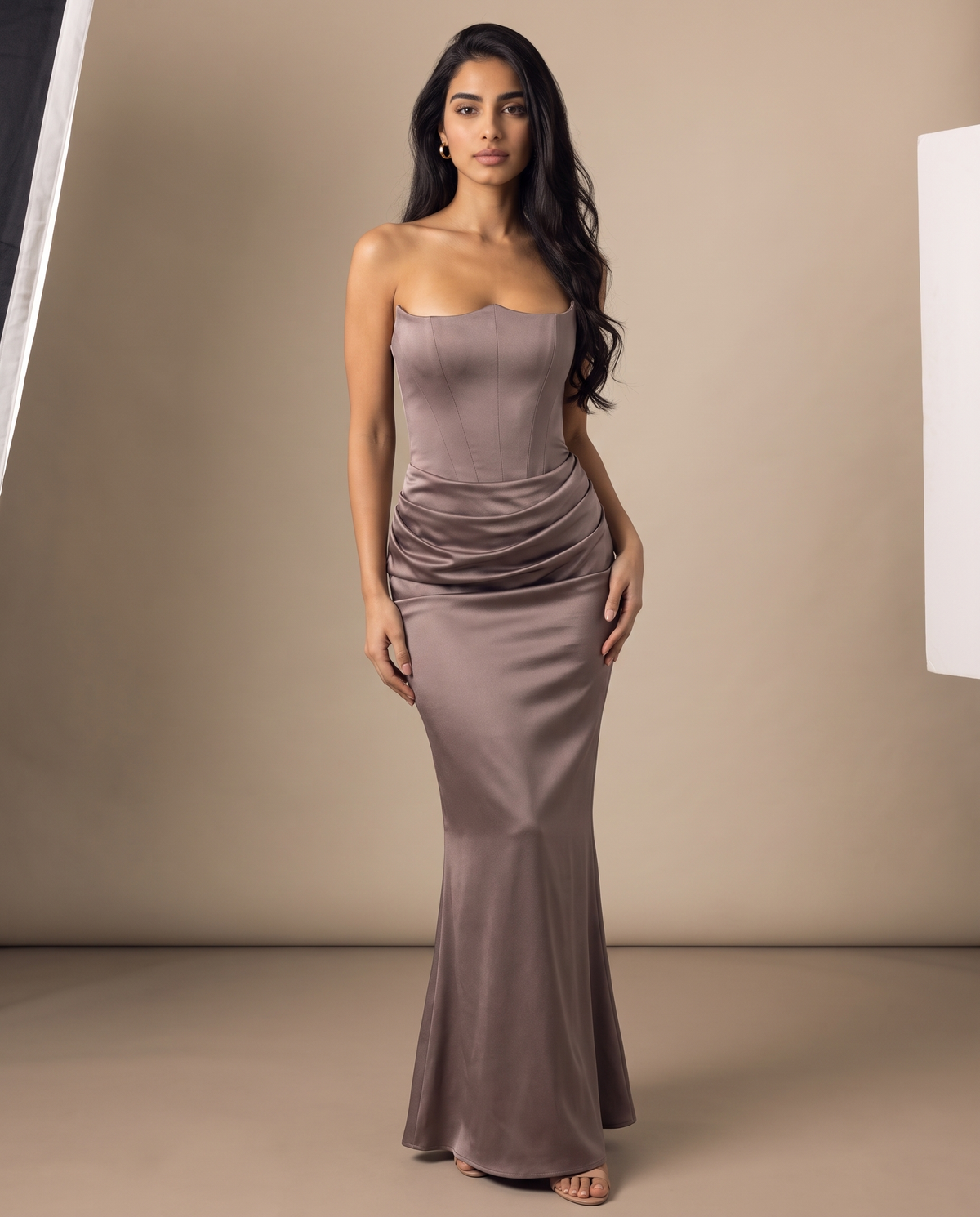 Valentina strapless corset-back satin gown in smoke grey, front view – Belle Marisol