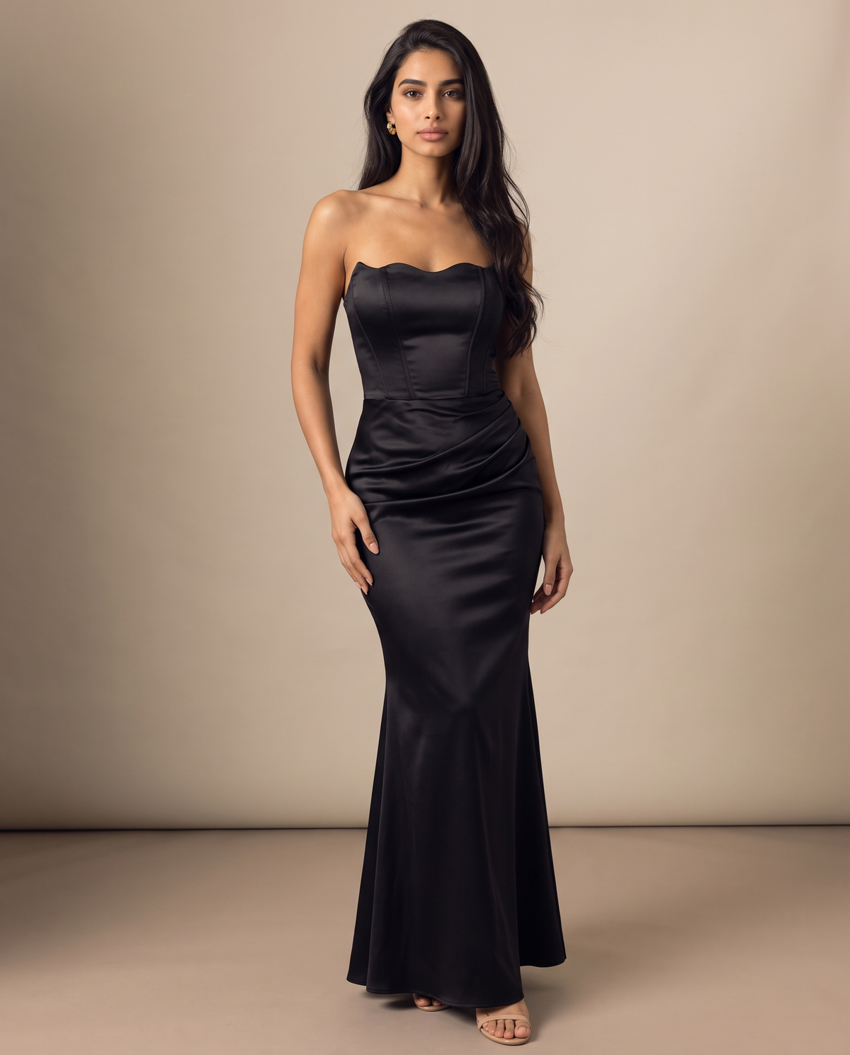 Valentina strapless corset-back satin gown in black, front view – Belle Marisol