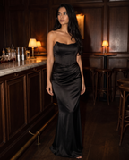 Valentina gown in black worn in a hotel bar at night – Belle Marisol
