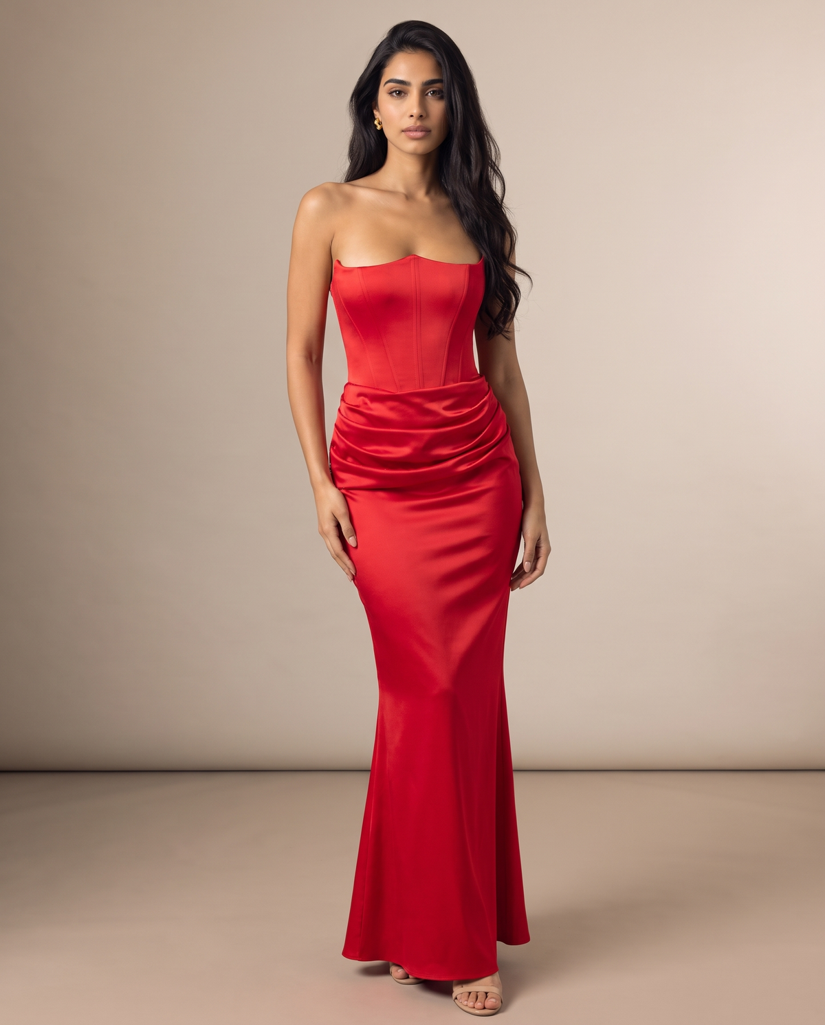 Valentina strapless corset-back satin gown in red, front view – Belle Marisol