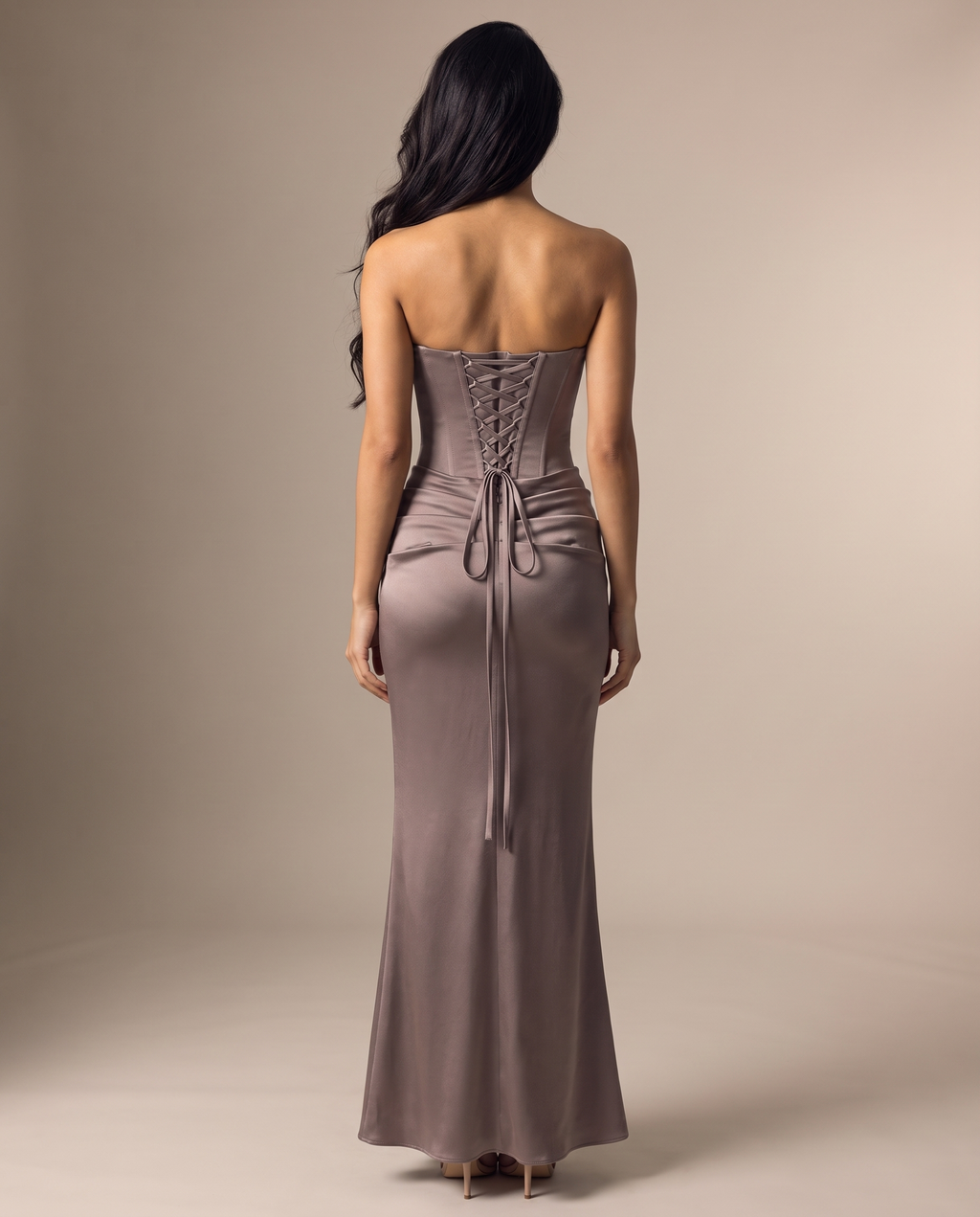 Valentina strapless corset-back satin gown in smoke grey, back view with corset lacing – Belle Marisol