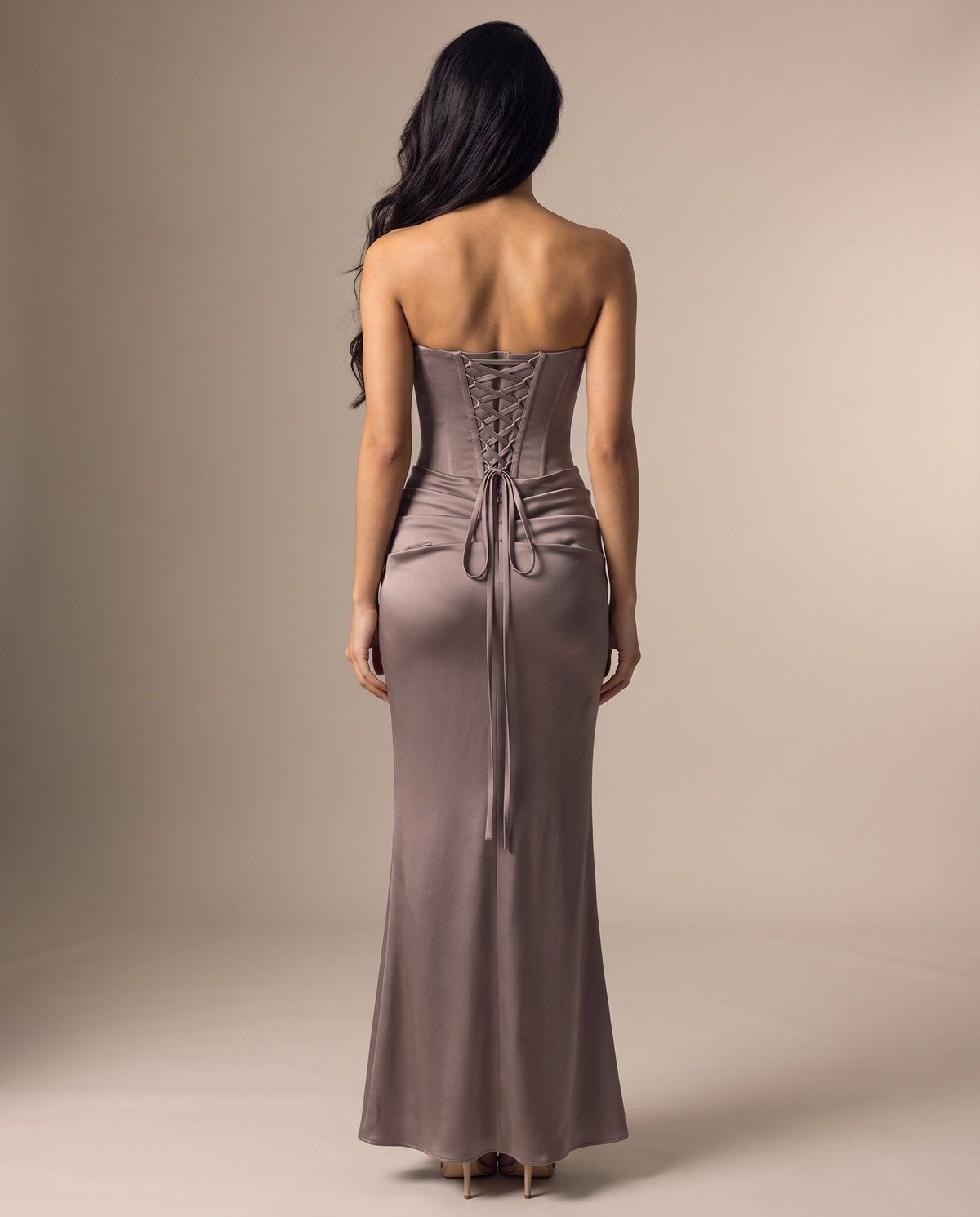 Valentina strapless corset-back satin gown in smoke grey, back view with corset lacing – Belle Marisol