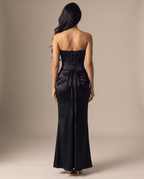 Valentina strapless corset-back satin gown in black, back view with corset lacing – Belle Marisol