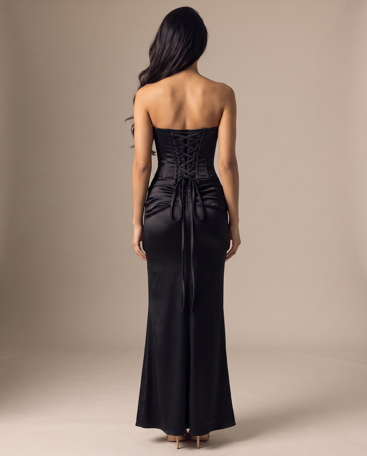 Valentina strapless corset-back satin gown in black, back view with corset lacing – Belle Marisol