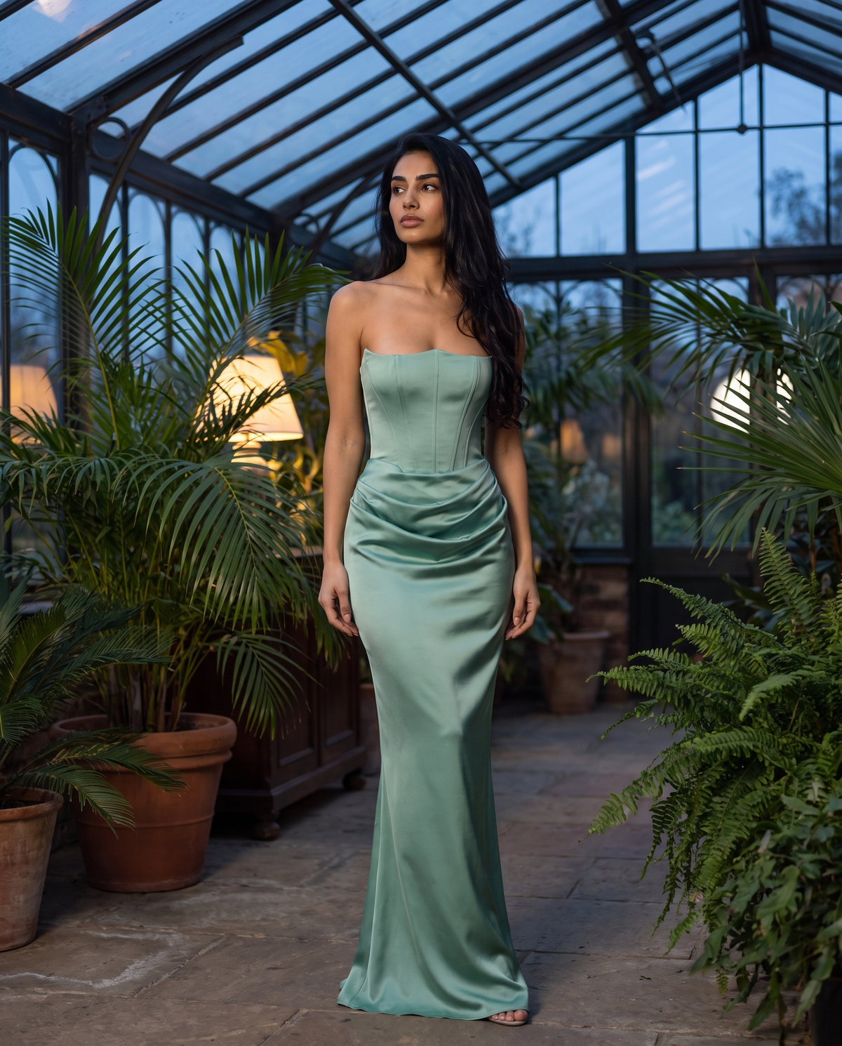 Valentina gown in sage green worn in a glass conservatory at dusk – Belle Marisol
