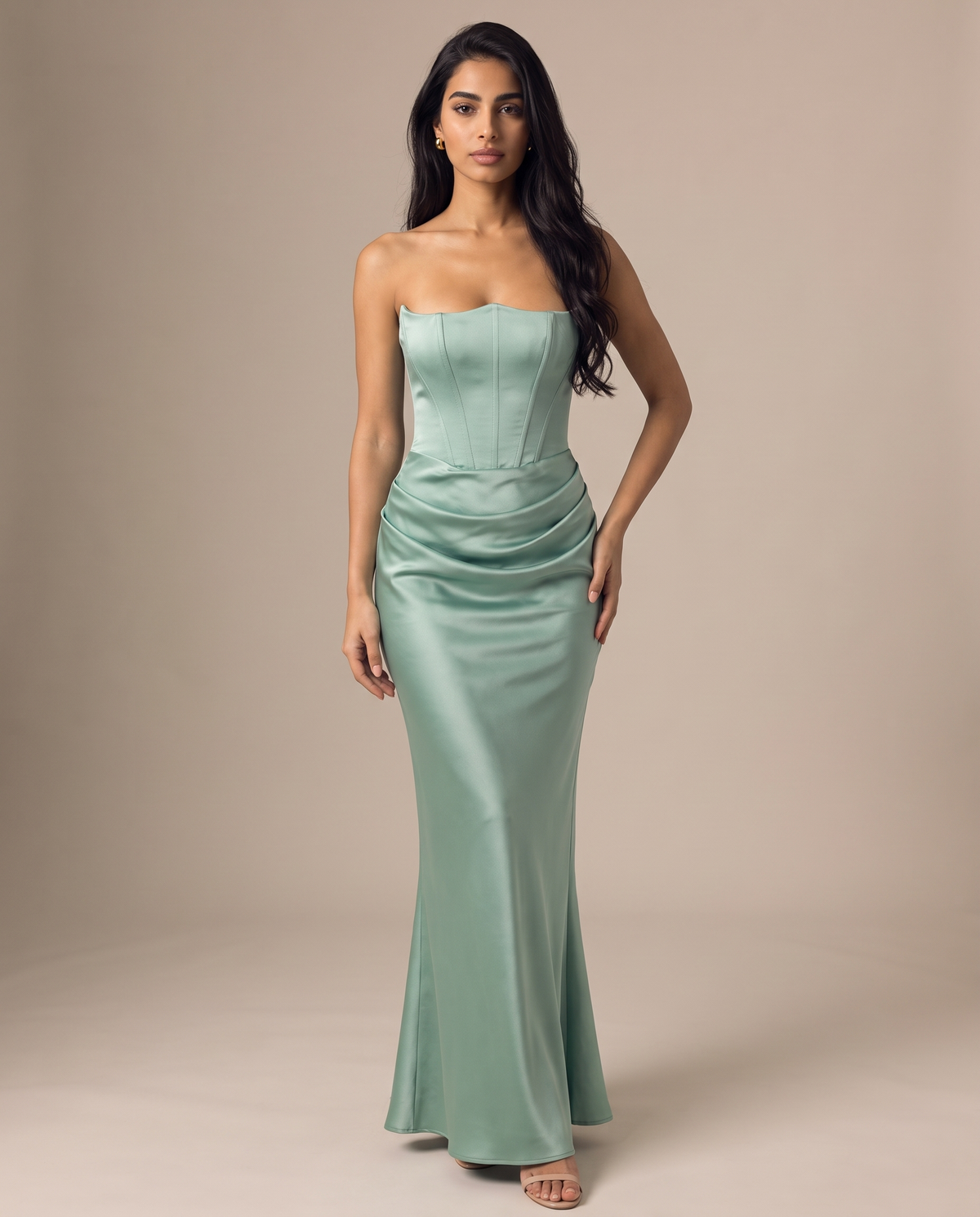 Valentina strapless corset-back satin gown in sage green, front view – Belle Marisol