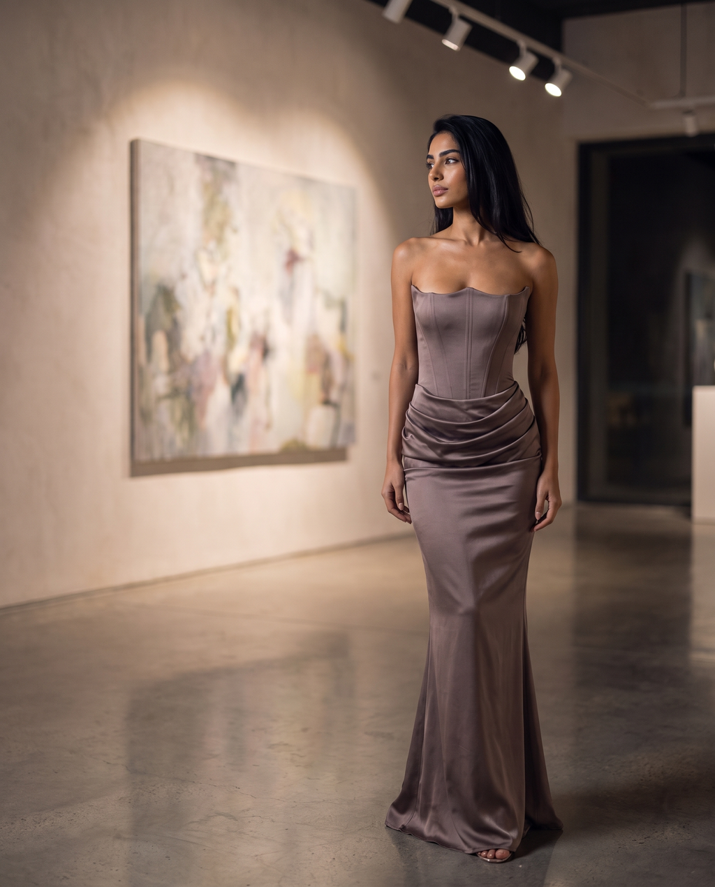 Valentina gown in smoke grey worn at an evening gallery – Belle Marisol