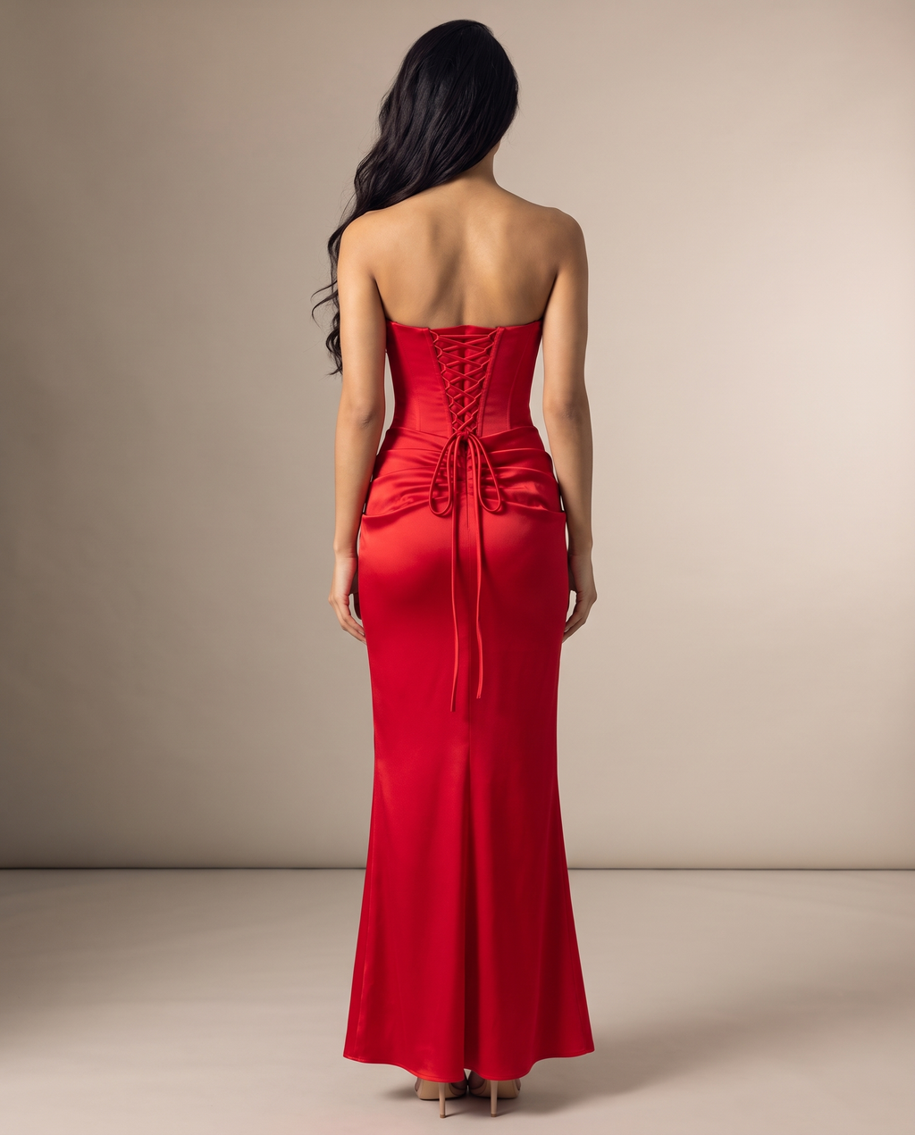 Valentina strapless corset-back satin gown in red, back view with corset lacing – Belle Marisol