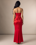 Valentina strapless corset-back satin gown in red, back view with corset lacing – Belle Marisol