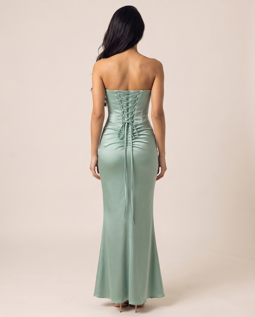 Valentina strapless corset-back satin gown in sage green, back view with corset lacing – Belle Marisol
