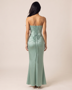 Valentina strapless corset-back satin gown in sage green, back view with corset lacing – Belle Marisol