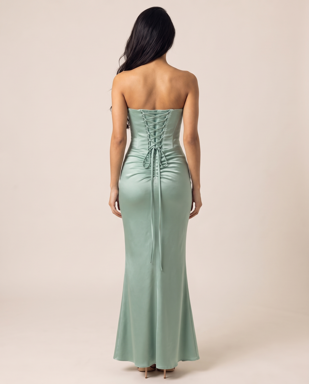 Valentina strapless corset-back satin gown in sage green, back view with corset lacing – Belle Marisol