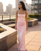 Valentina gown in pink worn on a rooftop terrace at golden hour – Belle Marisol